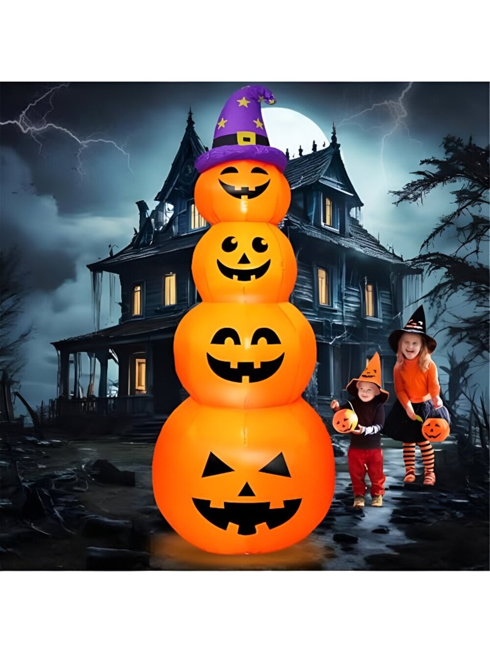 8FT H Halloween Inflatable Stacked Pumpkins with Witch’s Hat, Blow up 4